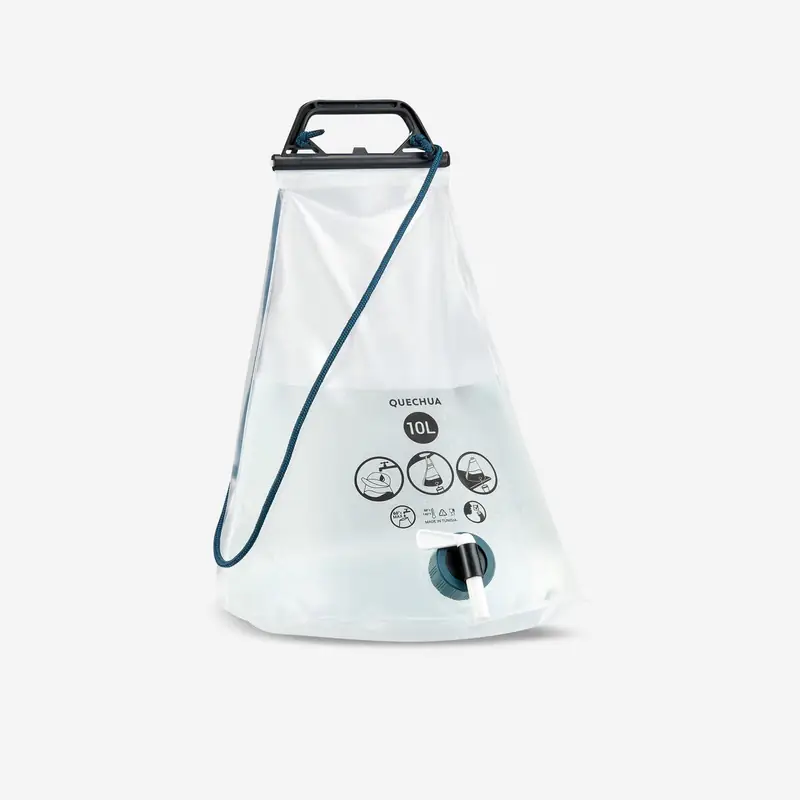 Quechua folding 10-litre water carrier with handle and tap.