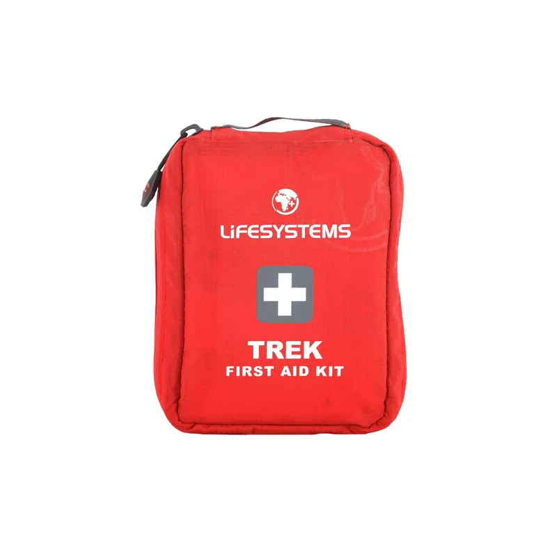 Lifesystems Trek first-aid kit in a red pouch.
