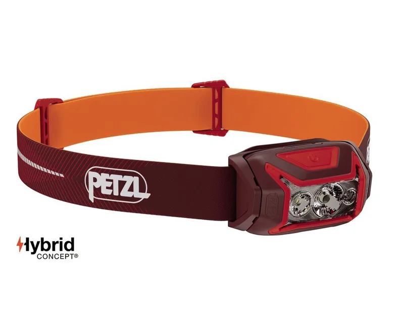 Red Petzl ACTIK CORE headlamp and headband.