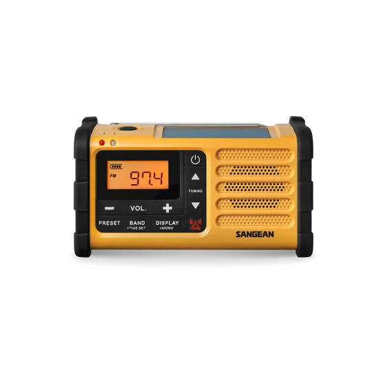 Yellow Sangean MMR-88 USB-C emergency radio.